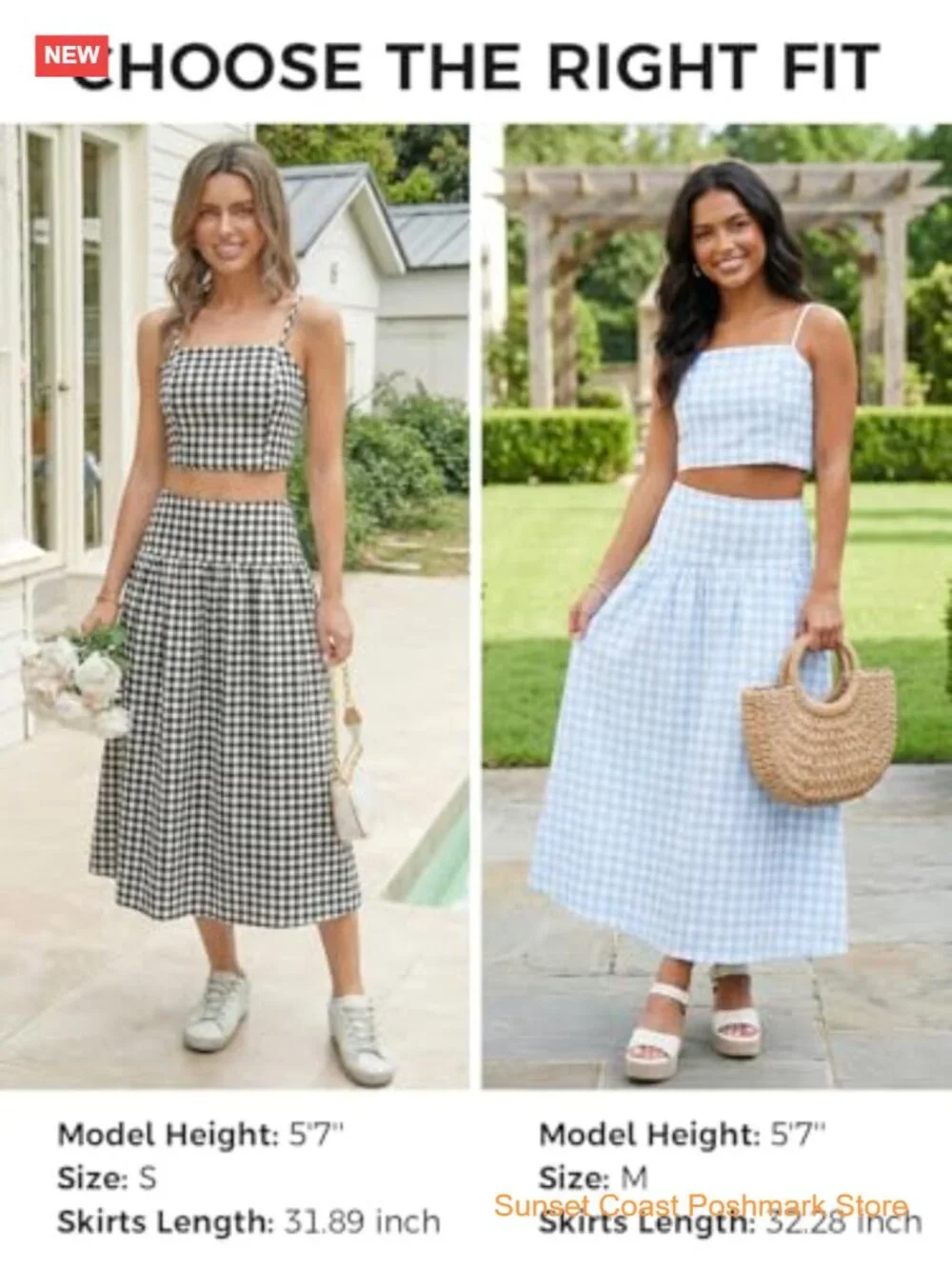 2 Piece Skirt Set Gingham Crop Tank Top Midi Dress Travel Vacation Matching Set